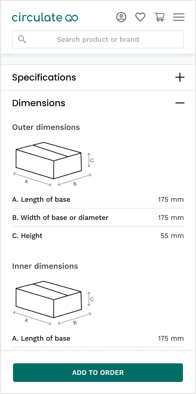 Mobile listing — expanded dimensions section with diagrams