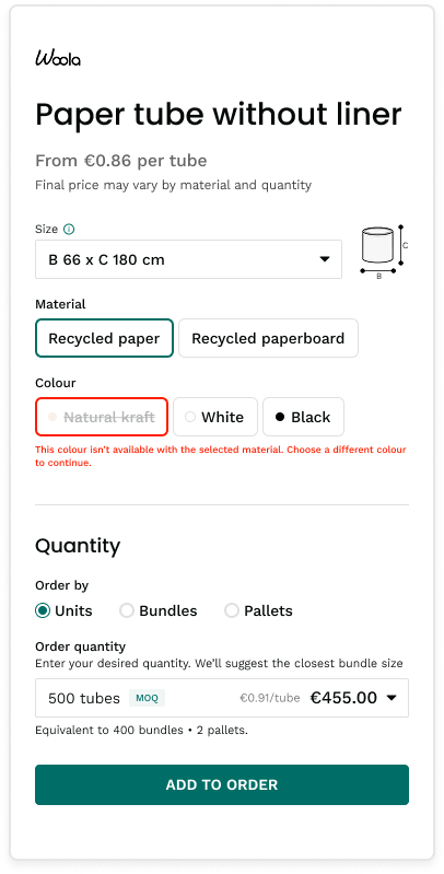 Order panel in its default state, with size, material and colour selected