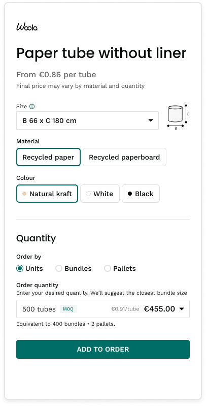 Inline validation showing the selected colour is not available for this material, with explanatory text