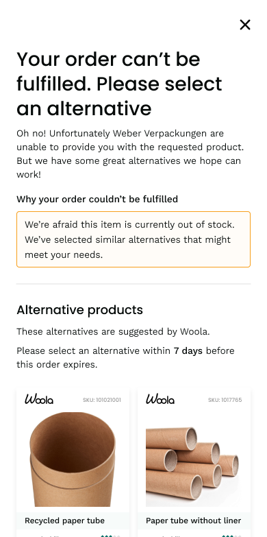 Modal showing that the supplier can't fulfil the order, suggesting alternative products