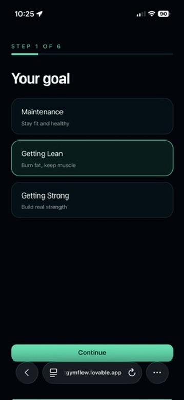 GymFlow onboarding — choosing a training goal