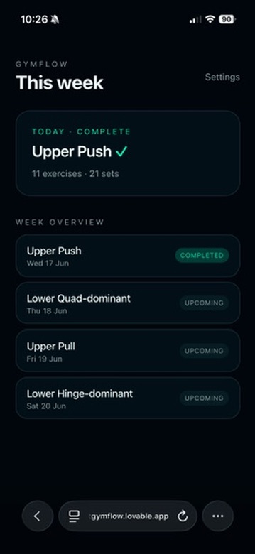 GymFlow home screen — the week's sessions at a glance