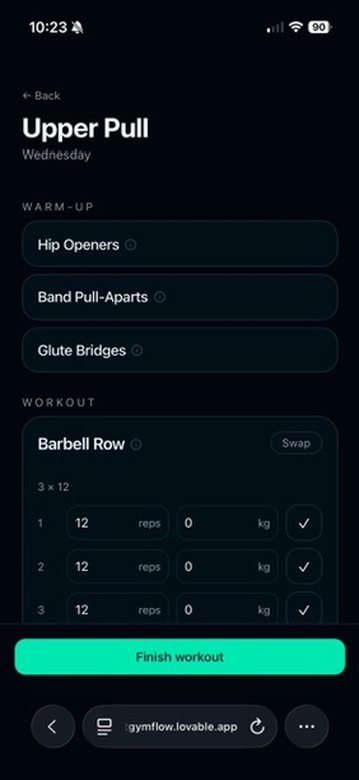 GymFlow workout screen — logging sets for an Upper Pull session