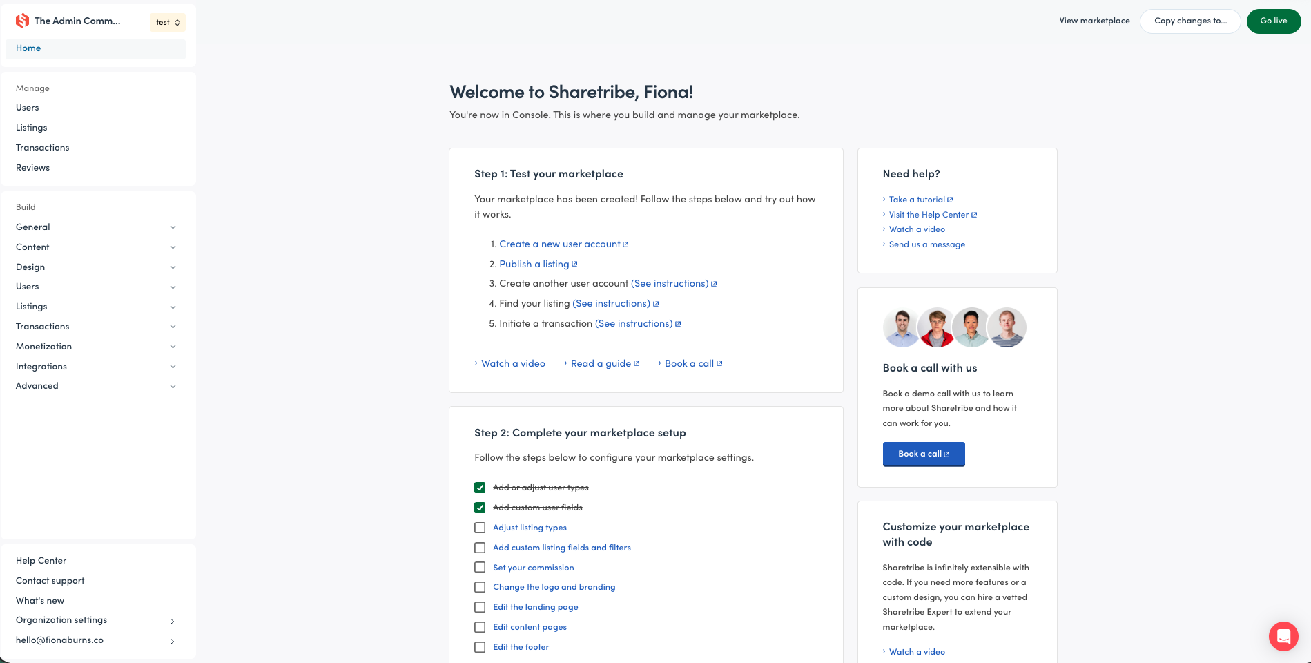 The Sharetribe Console — where I'll configure your marketplace.